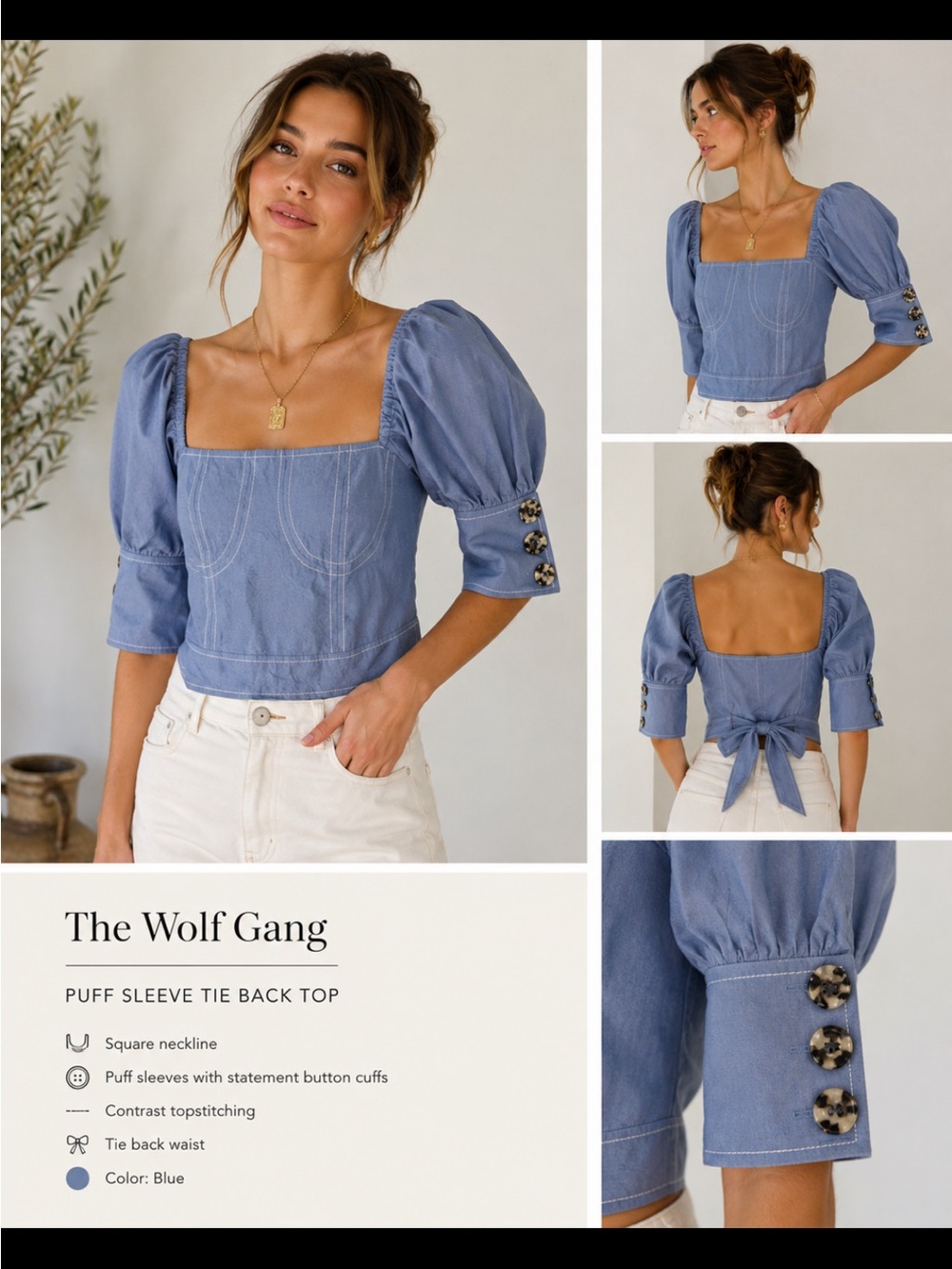 NWT women’s The Wolf Gang blue puffed sleeves back tie crop top size x small